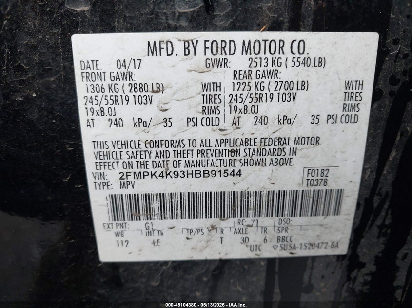VIN 2FMPK4K93HBB91544 2017 FORD EDGE TITANIUM
