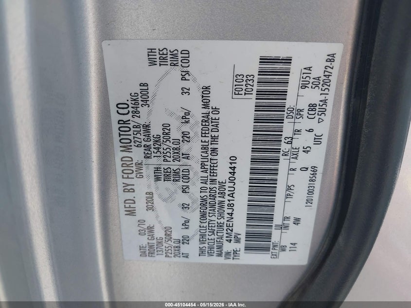 2010 Mercury Mountaineer Premier VIN: 4M2EN4J81AUJ04410 Lot: 45104454