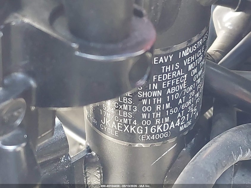 2019 Kawasaki Ex400 VIN: JKAEXKG16KDA42175 Lot: 45104456
