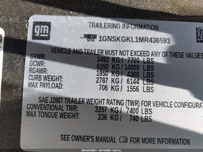 2021 Chevrolet Suburban 4Wd High Country VIN: 1GNSKGKL1MR436593 Lot: 45104521
