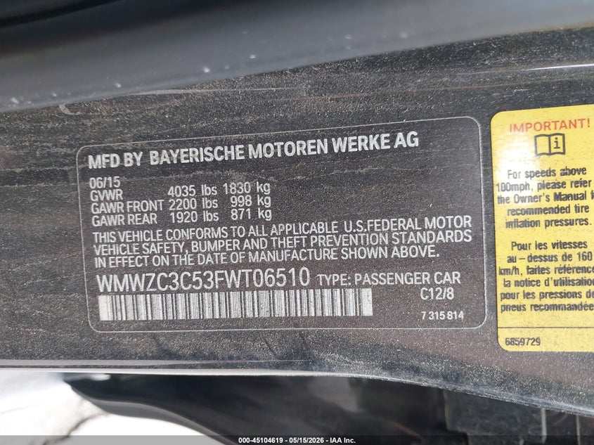 2015 Mini Countryman Cooper S VIN: WMWZC3C53FWT06510 Lot: 45104619