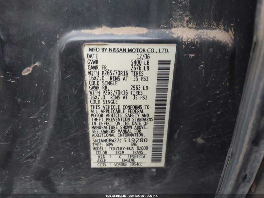 2007 Nissan Xterra S VIN: 5N1AN08W27C519280 Lot: 45104645