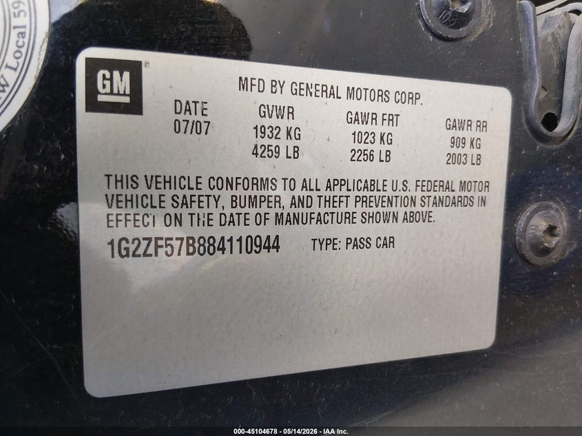 2008 Pontiac G6 Value Leader VIN: 1G2ZF57B884110944 Lot: 45104678