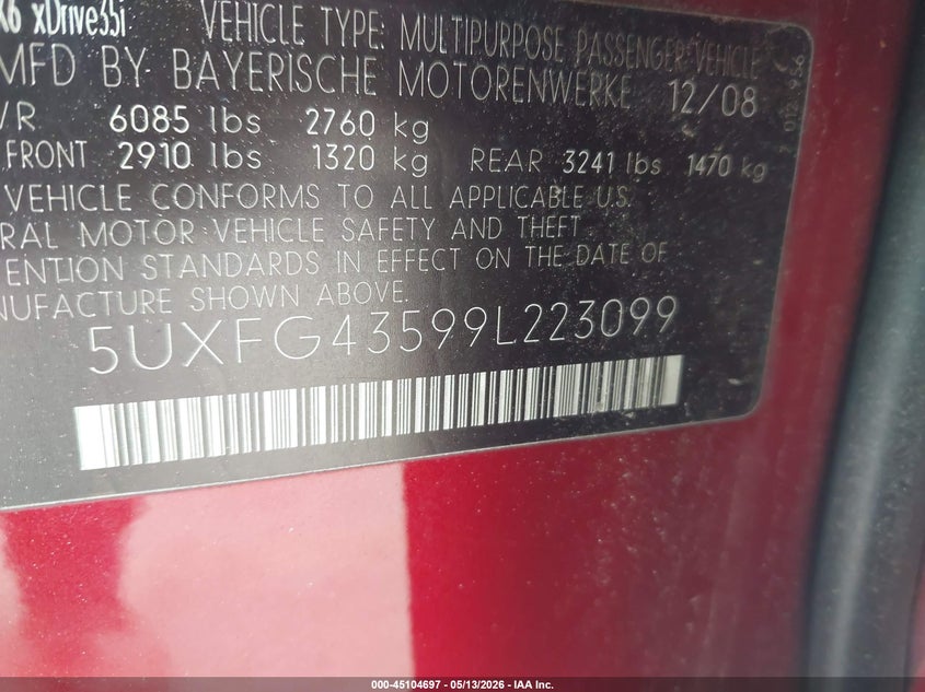 2009 BMW X6 xDrive35I VIN: 5UXFG43599L223099 Lot: 45104697