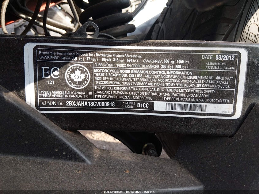2012 Can-Am Spyder Roadster Rs-S VIN: 2BXJAHA18CV000918 Lot: 45104698