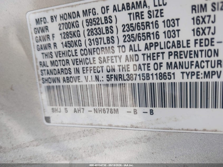 2005 Honda Odyssey Ex-L VIN: 5FNRL38715B118651 Lot: 45104730