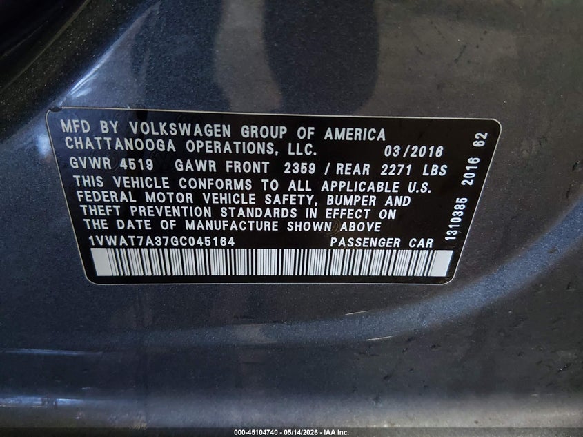 2016 VOLKSWAGEN PASSAT SEDAN 1.8L I-4 DI, DOHC, VVT, TURBO, 170HP