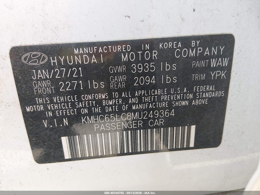 2021 Hyundai Ioniq Hybrid Blue VIN: KMHC65LC8MU249364 Lot: 45104792