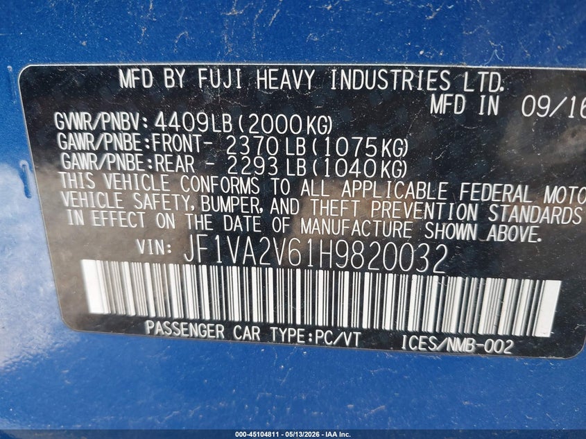 2017 Subaru Wrx Sti VIN: JF1VA2V61H9820032 Lot: 45104811