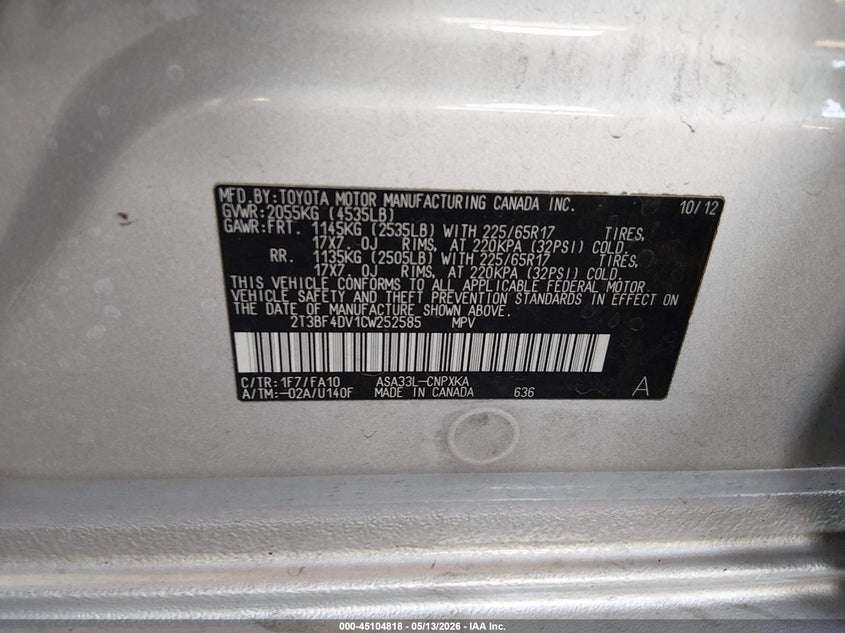 2012 Toyota Rav 4 2.5 Rav4 Silver Lot 111045104818 Vin 2T3BF4DV1CW252585