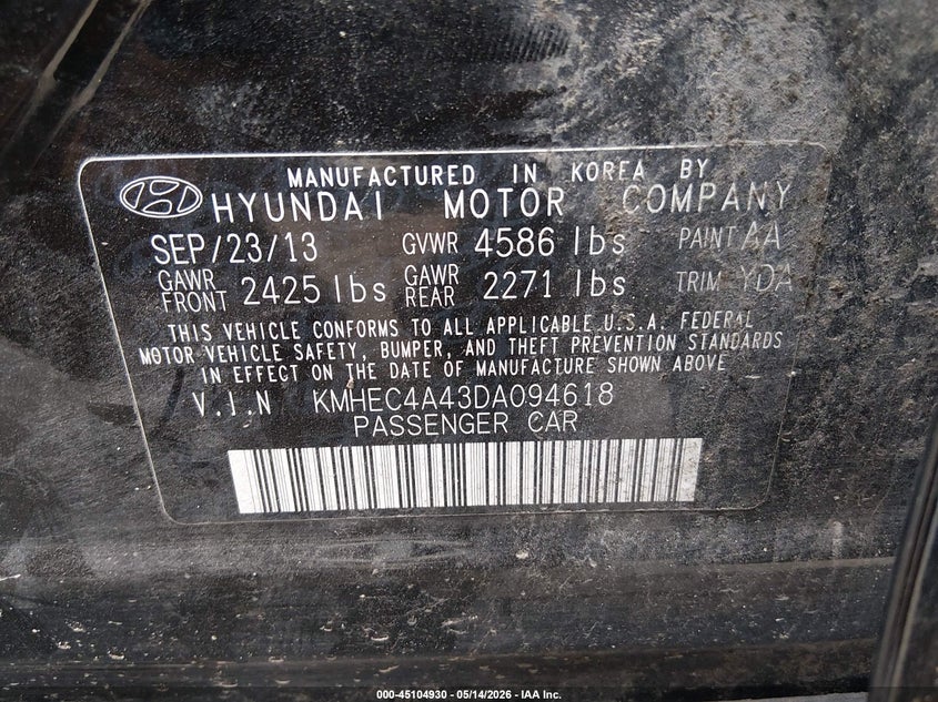 2013 HYUNDAI SONATA SEDAN 2.4L I-4 DOHC, VVT, 159HP