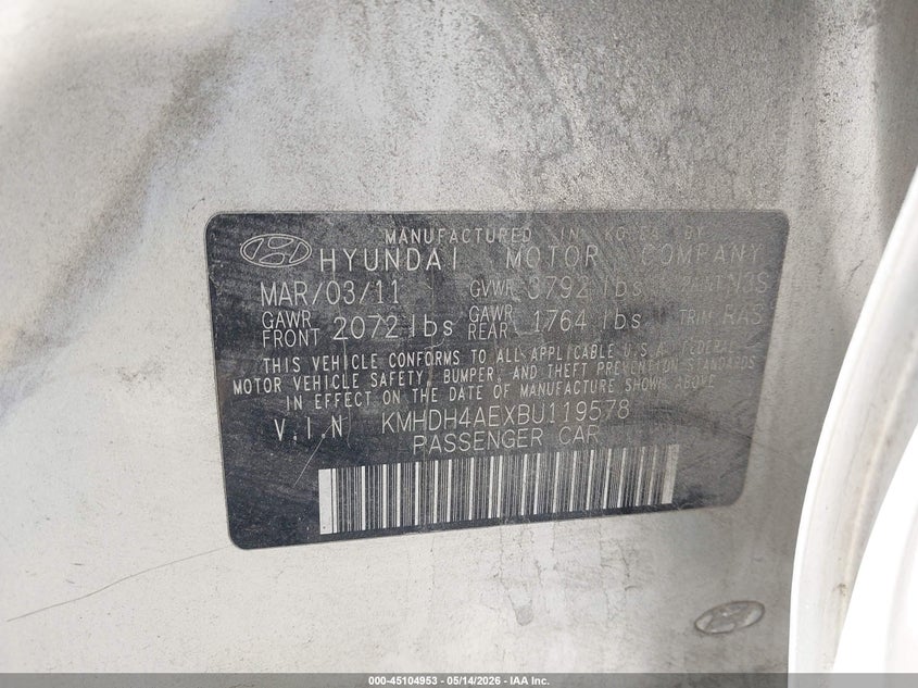 2011 Hyundai Elantra Gls (Ulsan Plant) VIN: KMHDH4AEXBU119578 Lot: 45104953