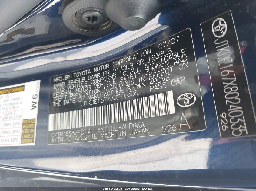 2008 Scion Tc VIN: JTKDE167X80240335 Lot: 45105062