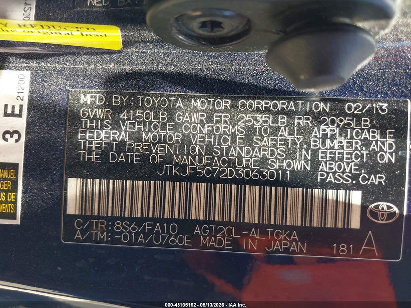 2013 Scion Tc VIN: JTKJF5C72D3063011 Lot: 45105162