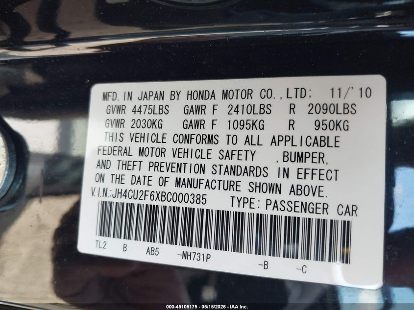2011 Acura Tsx 2.4 VIN: JH4CU2F6XBC000385 Lot: 45105175
