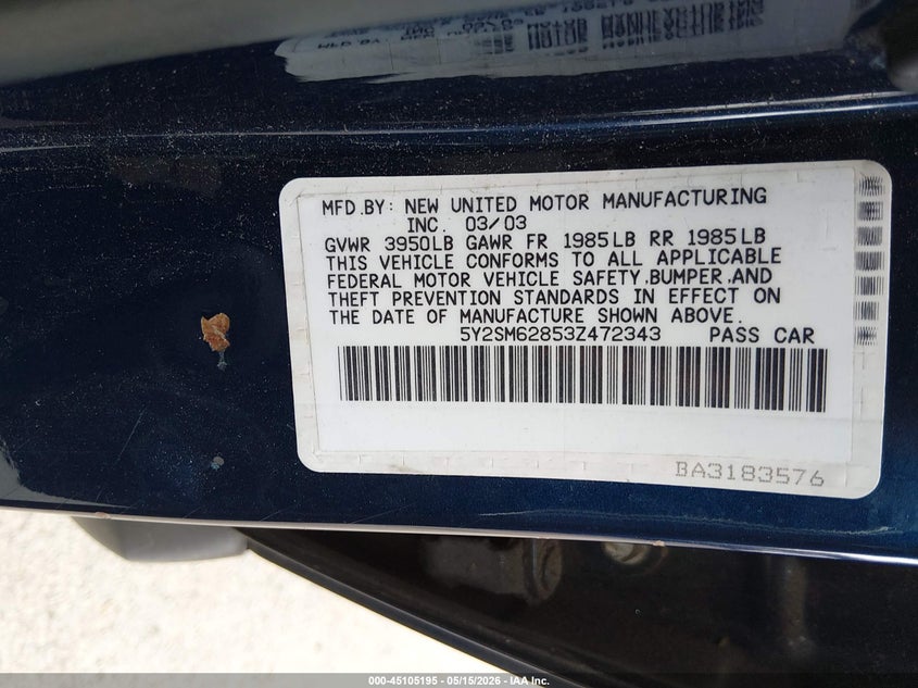 2003 Pontiac Vibe VIN: 5Y2SM62853Z472343 Lot: 45105195
