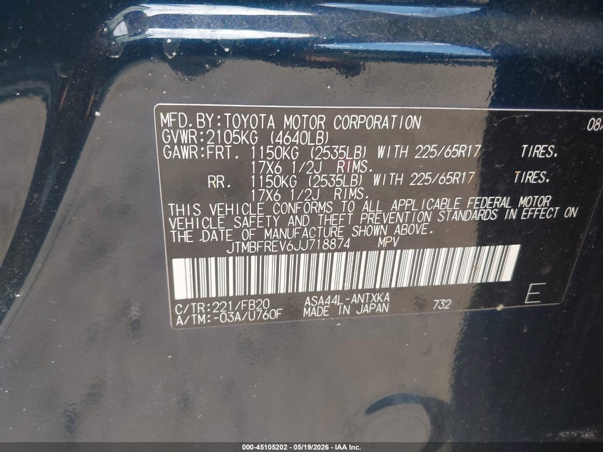 VIN JTMBFREV6JJ718874 2018 TOYOTA RAV4 LE