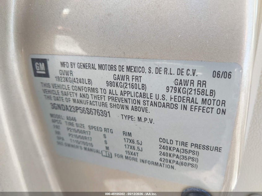 2006 Chevrolet Hhr Lt VIN: 3GNDA23P56S676391 Lot: 45105302