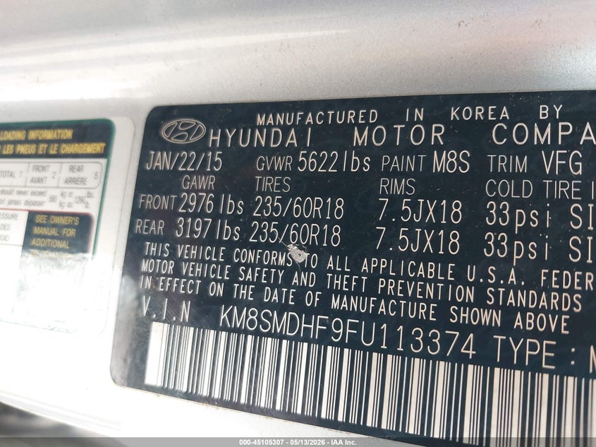 HYUNDAI SANTA FE 2015 VIN KM8SMDHF9FU113374