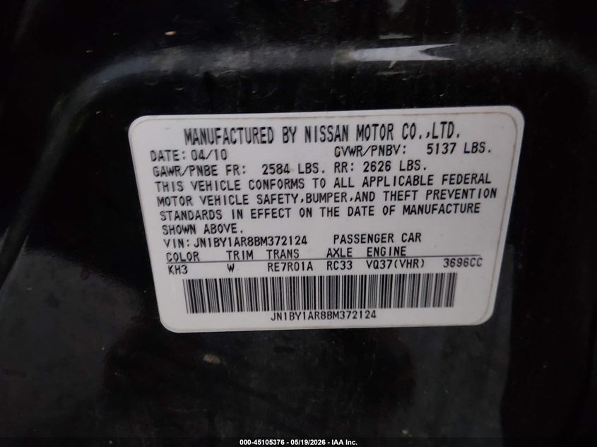 2011 Infiniti M37X VIN: JN1BY1AR8BM372124 Lot: 45105376