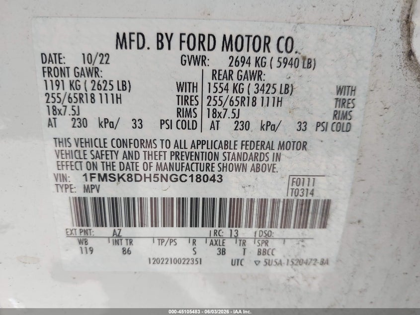 VIN 1FMSK8DH5NGC18043 2022 FORD EXPLORER XLT