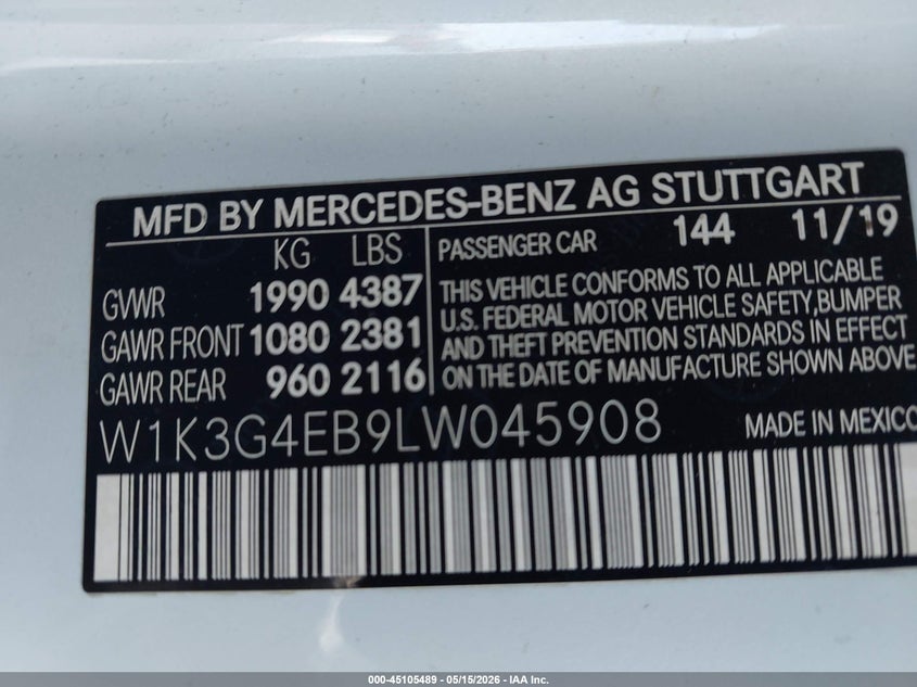 2020 Mercedes-Benz A 220 VIN: W1K3G4EB9LW045908 Lot: 45105489