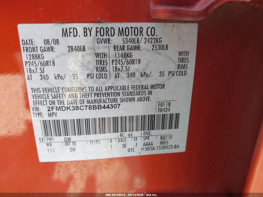 2008 Ford Edge Sel VIN: 2FMDK38C78BB44307 Lot: 45105510