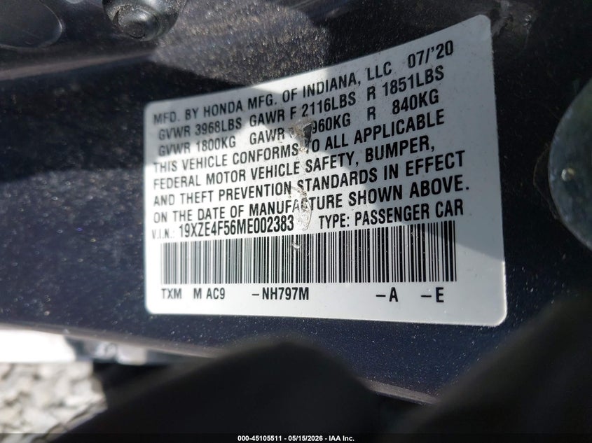 2021 Honda Insight Ex VIN: 19XZE4F56ME002383 Lot: 45105511
