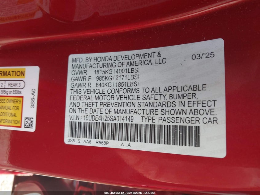 2025 Acura Integra VIN: 19UDE4H25SA014149 Lot: 45105512