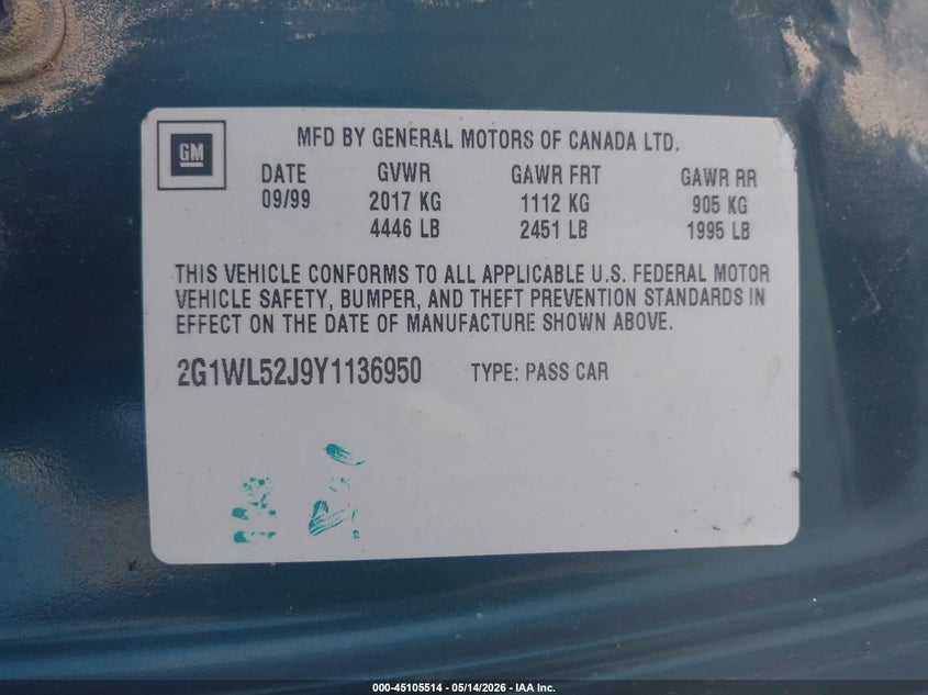 2001 Chevrolet Lumina VIN: 2G1WL52J411185589 Lot: 45105514