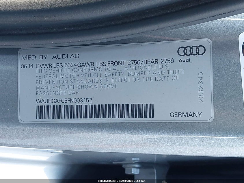 AUDI A6 2015 VIN WAUHGAFC5FN003152