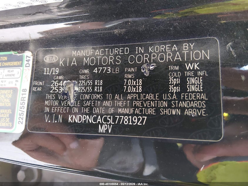 VIN KNDPNCAC5L7781927 2020 KIA SPORTAGE EX