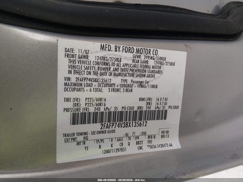 2008 Ford Crown Victoria Lx VIN: 2FAFP74V38X135612 Lot: 45105585