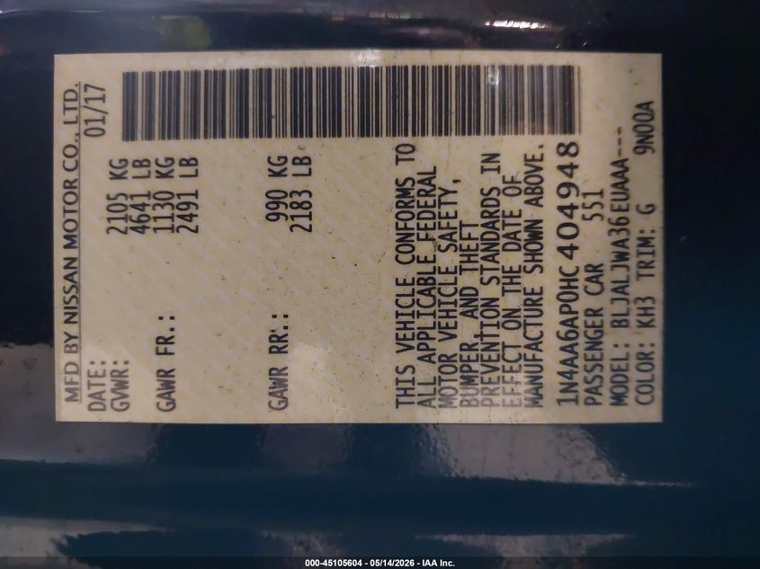 VIN 1N4AA6AP0HC404948 2017 NISSAN MAXIMA 3.5 SV