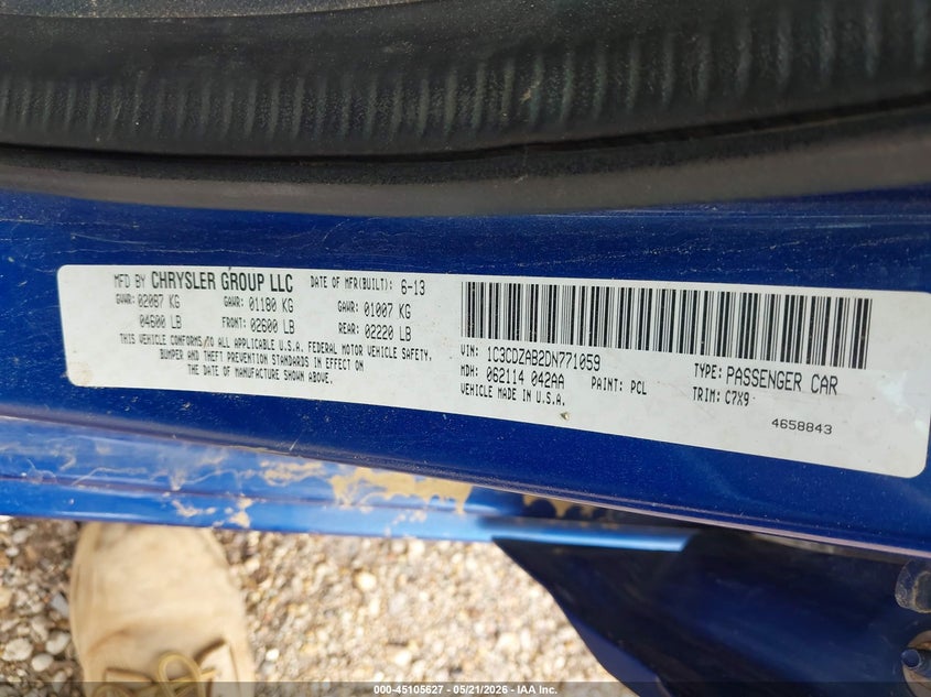 2013 Dodge Avenger Se VIN: 1C3CDZAB2DN771059 Lot: 45105627