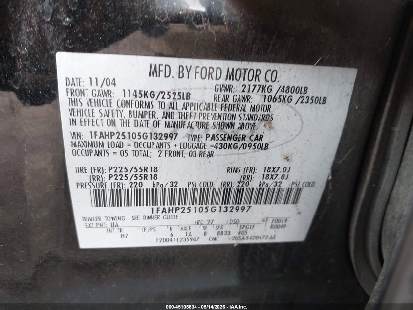 2005 Ford Five Hundred Limited VIN: 1FAHP25105G132997 Lot: 45105634