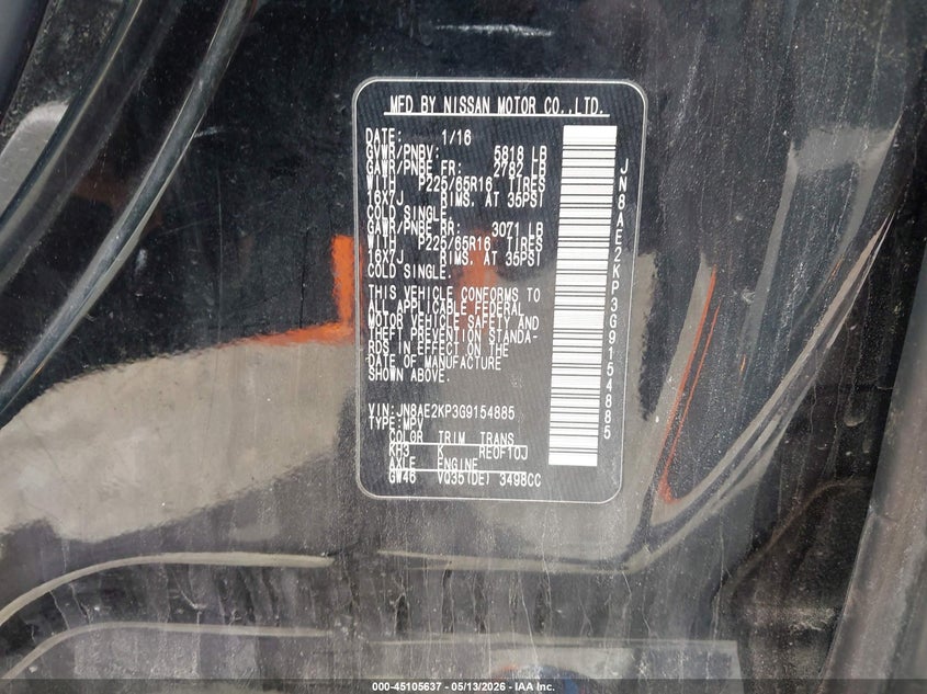 2016 Nissan Quest Platinum/S/Sl/Sv VIN: JN8AE2KP3G9154885 Lot: 45105637