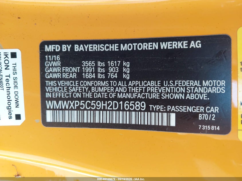 2017 Mini Hardtop Cooper VIN: WMWXP5C59H2D16589 Lot: 45105679