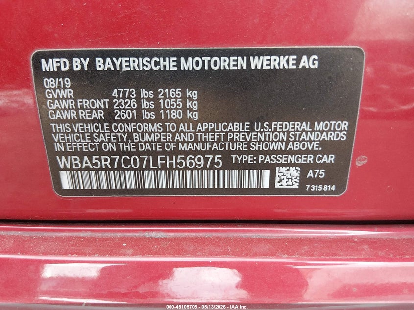 VIN: WBA5R7C07LFH56975 2020 BMW 330I XDRIVE