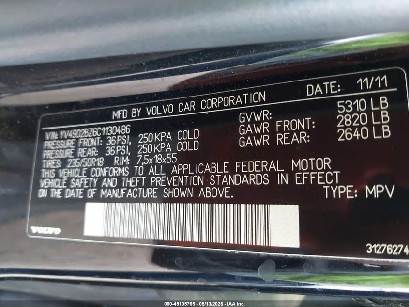 2012 Volvo Xc70 T6/T6 Platinum/T6 Premier Plus VIN: YV4902BZ6C1130486 Lot: 45105765