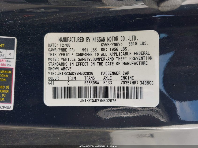 2007 Nissan 350Z Touring VIN: JN1BZ34D27M502026 Lot: 45105784