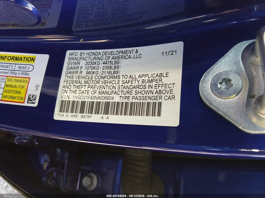 VIN 1HGCV1F43NA006604 2022 HONDA ACCORD SPORT SPECIAL EDITION