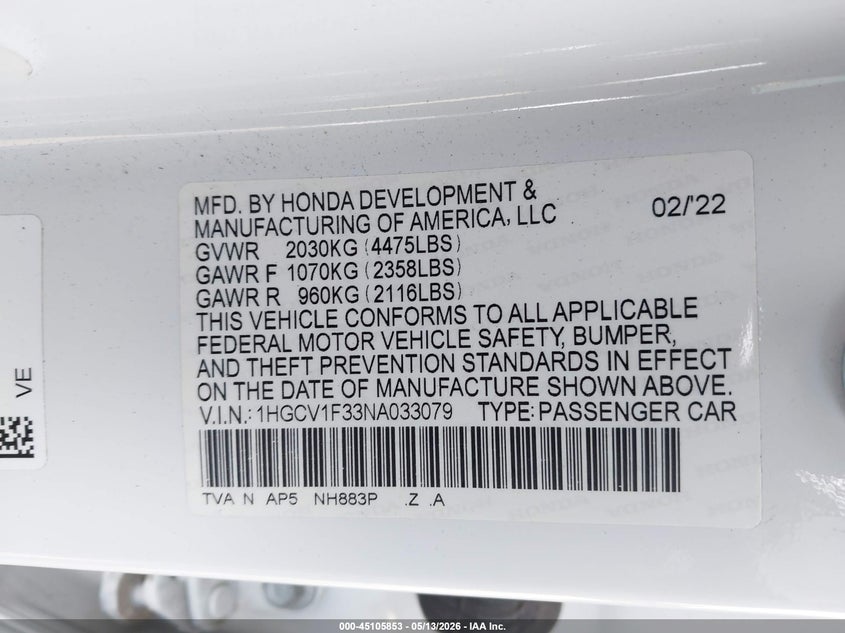HONDA ACCORD 2022 VIN 1HGCV1F33NA033079