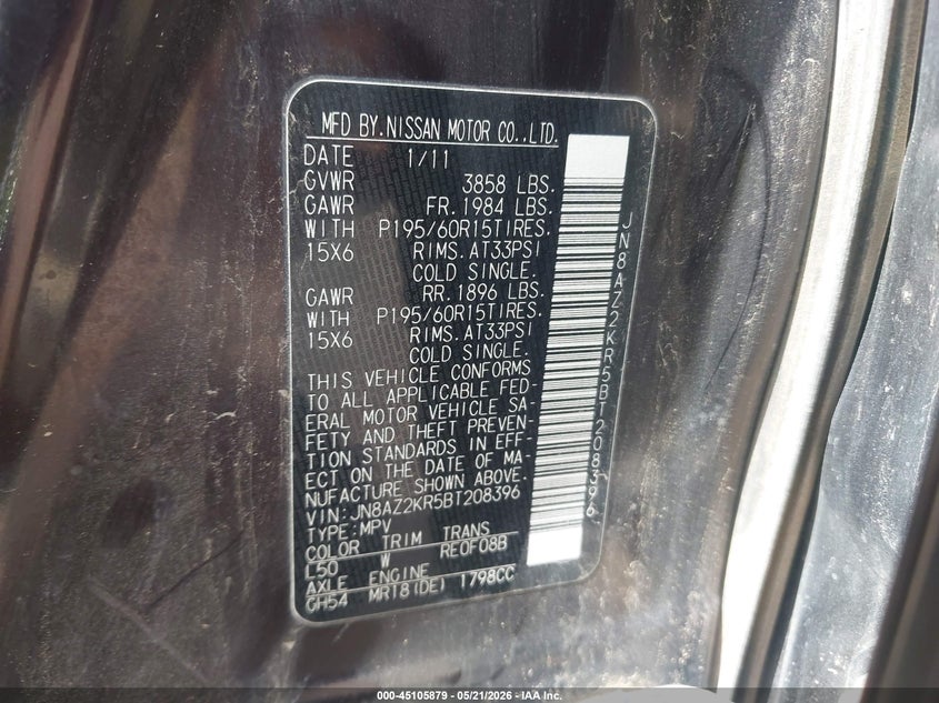 2011 Nissan Cube 1.8S VIN: JN8AZ2KR5BT208396 Lot: 45105879