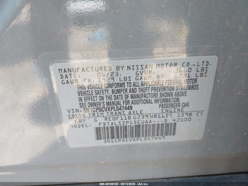 VIN 3N1CP5CVXPL547449 2023 NISSAN KICKS SV XTRONIC CVT