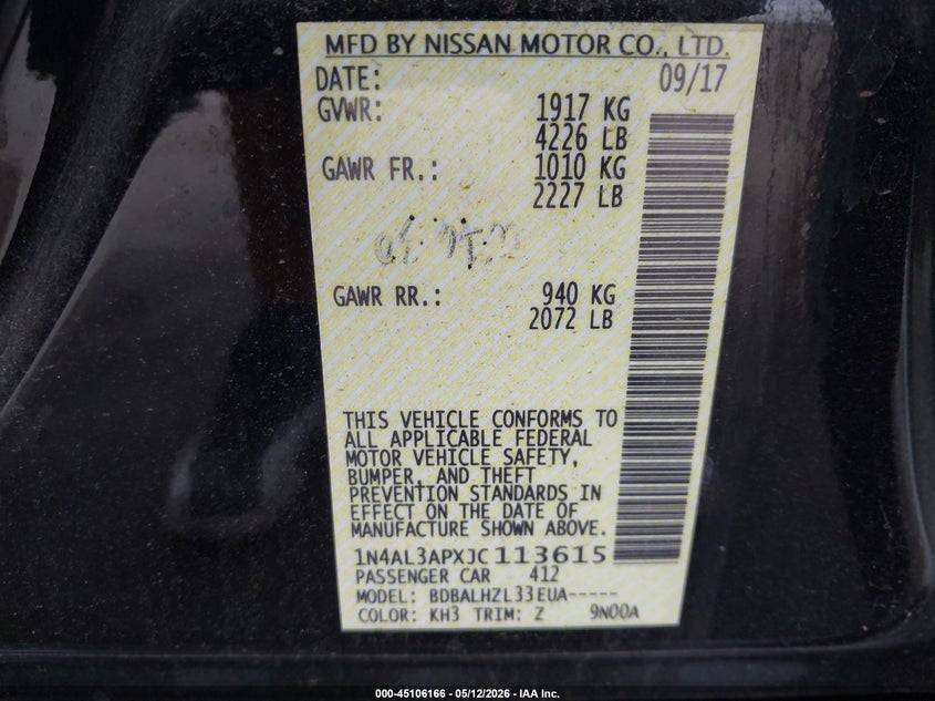 VIN 1N4AL3APXJC113615 2018 NISSAN ALTIMA 2.5 SR