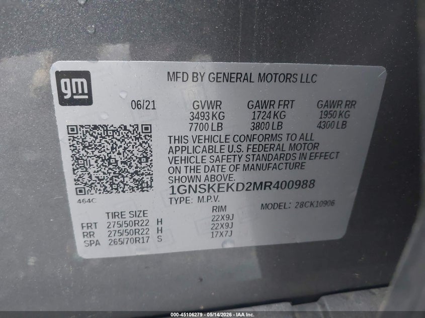 2021 Chevrolet Suburban 4Wd Rst VIN: 1GNSKEKD2MR400988 Lot: 45106279