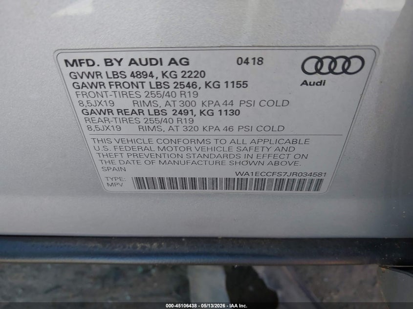 2018 Audi Q3 2.0T Premium/2.0T Sport Premium VIN: WA1ECCFS7JR034581 Lot: 45106438