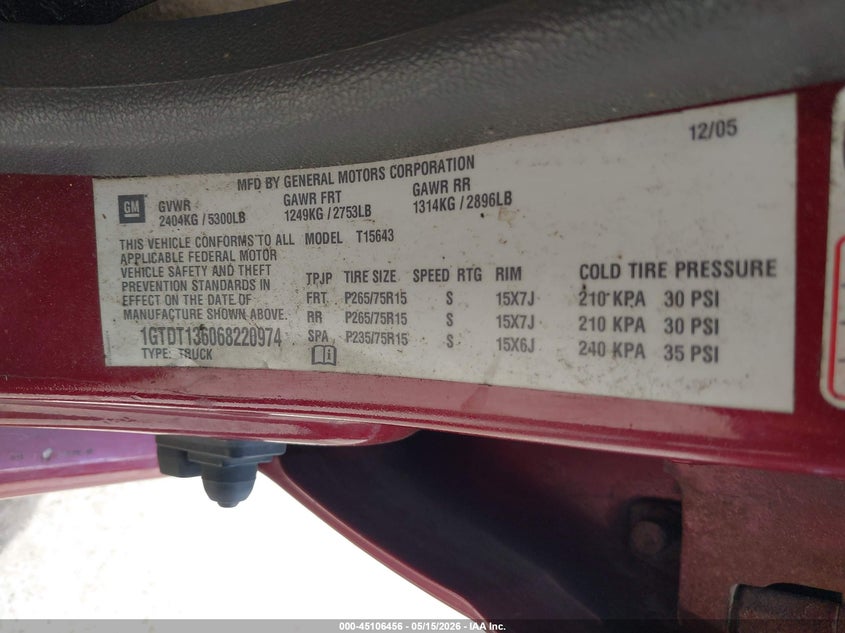 2006 GMC Canyon Sle2 VIN: 1GTDT136068220974 Lot: 45106456