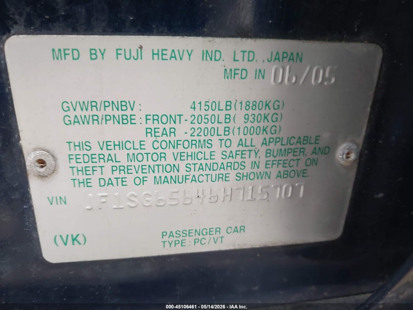 SUBARU FORESTER 2006 VIN JF1SG65646H715707